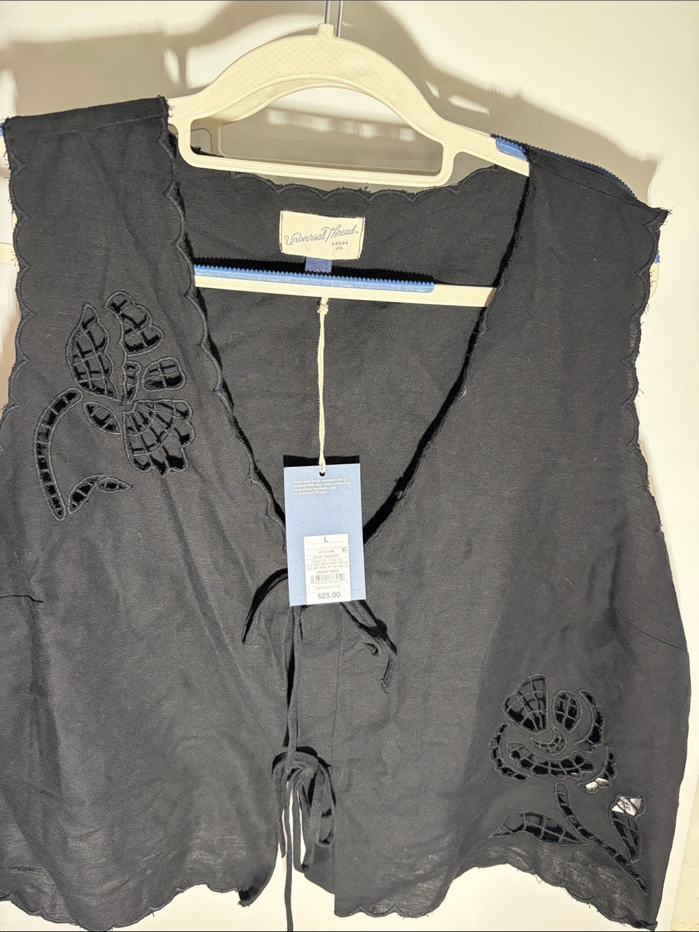 Universal Thread Black Embroidered Tie-Front Vest
